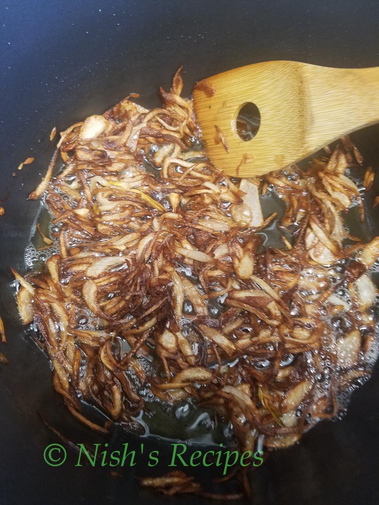 Fry onion for Hyderabad Chicken Biriyani